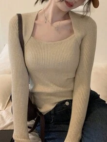 純色方領羅紋針織毛衣 - 卡其色 - 查看 4