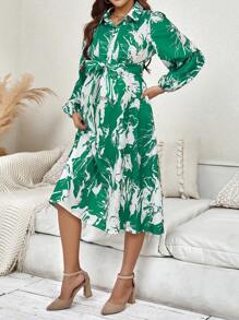 SHEIN Maternity Allover Print Belted Shirt Dress - Green - View 6