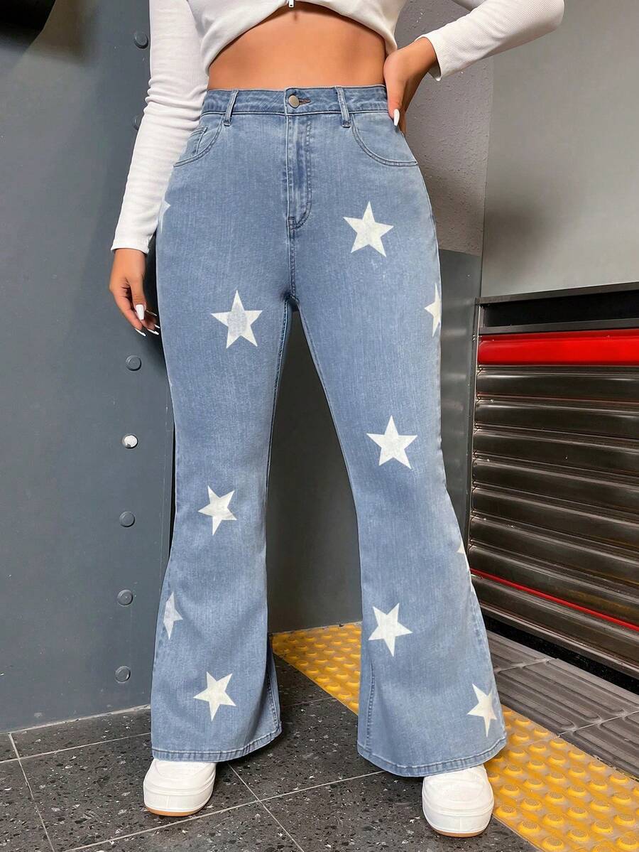 SHEIN EZwear Talla grande Jeans de pierna amplia con estampado de estrella - Lavado ligero - Ver 1
