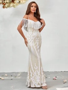 SHEIN Belle Cold Shoulder Fringe Trim Mermaid Hem Sequin Formal Dress - Beige - View 1
