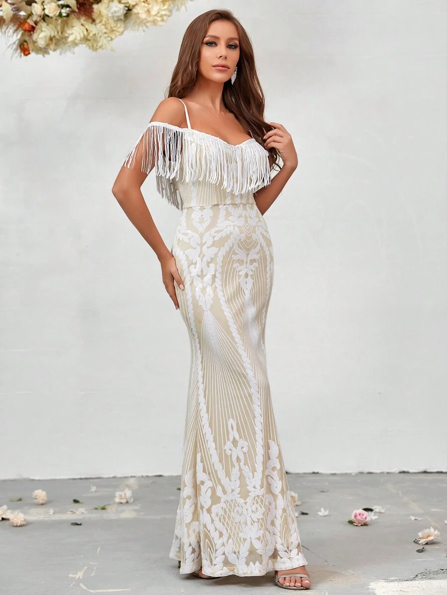 SHEIN Belle Cold Shoulder Fringe Trim Mermaid Hem Sequin Formal Dress - Beige - View 1