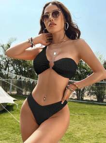 Swim Vcay Summer Beach Solid High Cut Bikini Bottom - Black - View 2