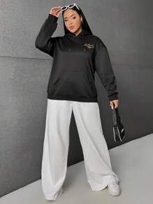 SHEIN EZwear Plus Slogan Graphic Drop Shoulder Drawstring Hoodie