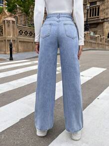 SHEIN Frenchy 高腰闊腿牛仔褲 - 中等水洗藍 - 查看 3