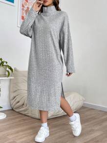 SHEIN EZwear High Neck Drop Shoulder Split Thigh Tee Dress - Grey - View 3