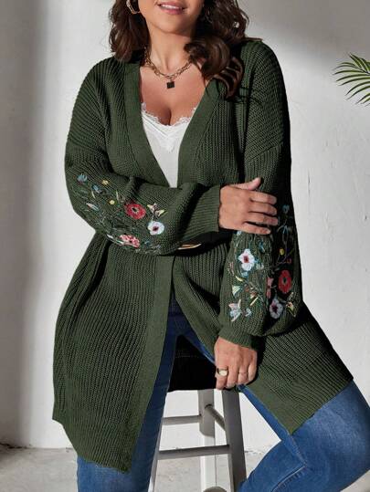 SHEIN CURVE+ Plus Size Blommor Broderi Drop Shoulder Cardigan för kvinnor, vinter