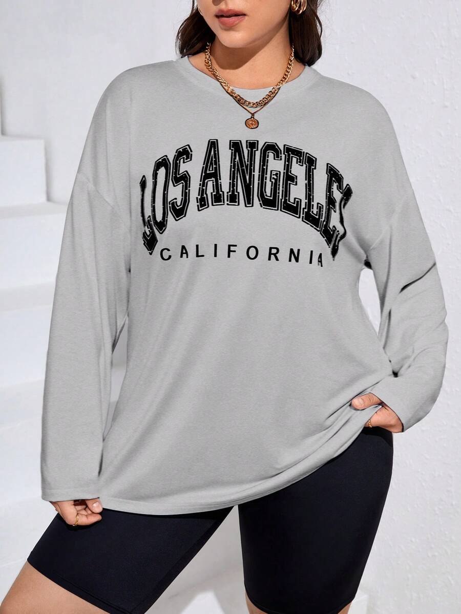 SHEIN Essnce Plus Letter Graphic Drop Shoulder Tee - Light Grey - View 1