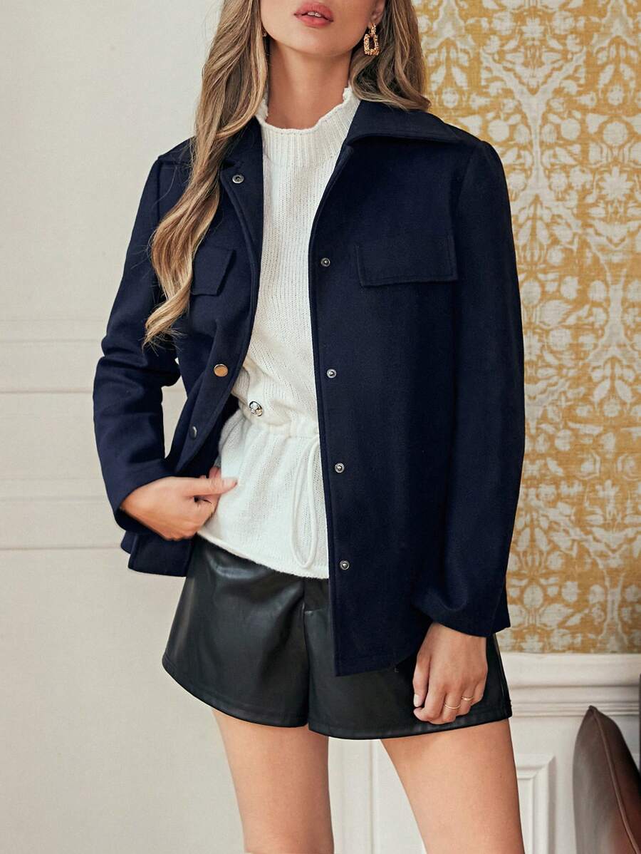 SHEIN Frenchy Áo khoác ngoài phía trước có nút chi tiết nắp - Màu xanh hải quân - Xem 1