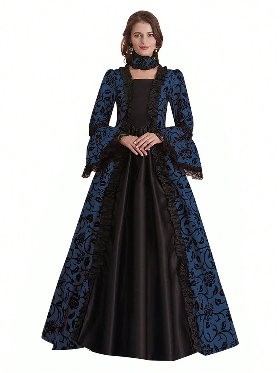 中世紀花卉印花荷葉邊袖荷葉邊洋裝 - 藏蓝色 - 查看 1