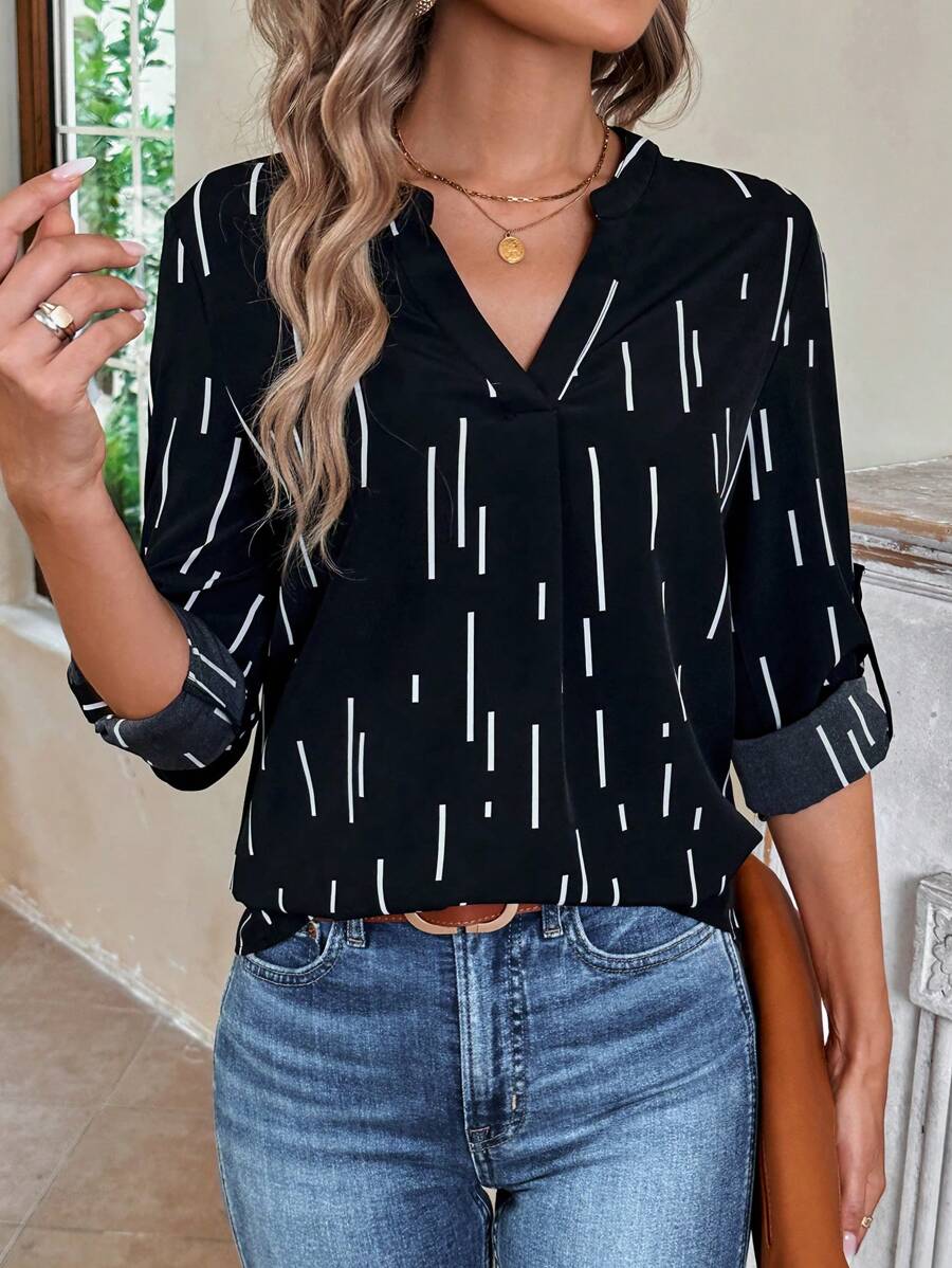 SHEIN LUNE Striped Print Roll Tab Sleeve Blouse - Multicolor - View 1