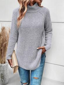 SHEIN Unity Áo len cổ cao tay raglan vạt cong dệt kim mùa thu đông - Màu Xám nhạt - Xem 1