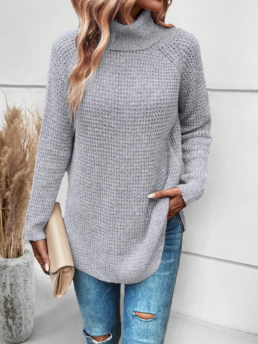 SHEIN Unity Áo len cổ cao tay raglan vạt cong dệt kim mùa thu đông - Màu Xám nhạt - Xem 1