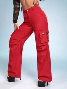 SHEIN ICON 翻蓋口袋工裝牛仔褲 - 紅色 - 查看 3