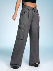 SHEIN ICON Flap Pocket Wide Leg Cargo Jeans - Grey - View 3