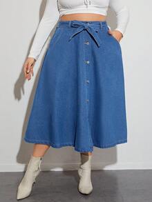 SHEIN Privé Plus High Waist Button Front Belted Denim Skirt - Blue - View 6