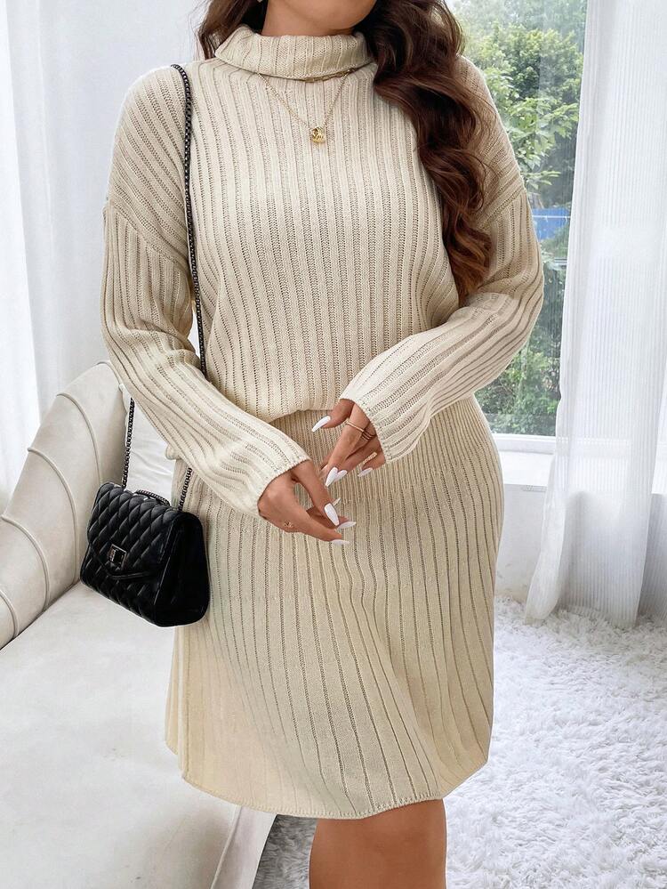 Plus Turtleneck Drop Shoulder Sweater & Knit Skirt Fall Cloth For Women