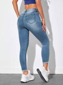 SHEIN PETITE Cao eo Raw Hem Quần jean ôm - Rửa trung bình - Xem 2