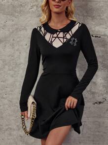SHEIN Clasi Halloween Geo Print A-line Dress - Black - View 1