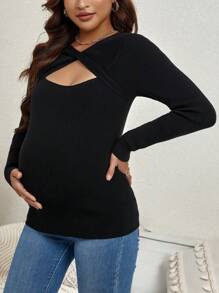 SHEIN Maternity Cut Out Twist Front Sweater - Black - View 2