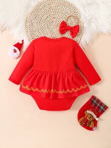 Đứa bé gái In nơ Xoay eo Eo Váy Bodysuit Với băng đô Đối với Giáng sinh - Đỏ - Xem 2