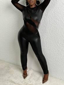Slaydiva 休闲网眼拼接 PU 涂层透视圆领长袖紧身女式连体裤配长裤 - 黑色 - 查看 3
