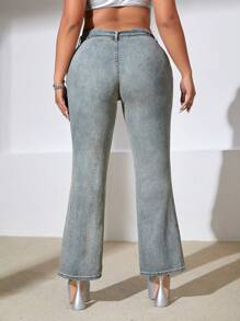 SHEIN ICON 大碼搭扣腰帶牛仔喇叭褲 - 銅色 - 查看 2