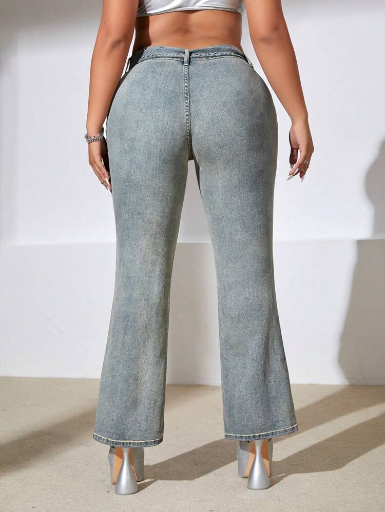 Plus Buckle Belt Flare Leg Jeans