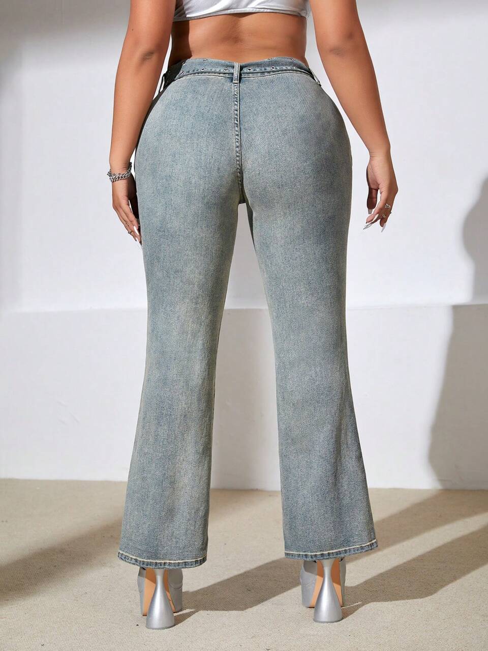 Plus Buckle Belt Flare Leg Jeans
