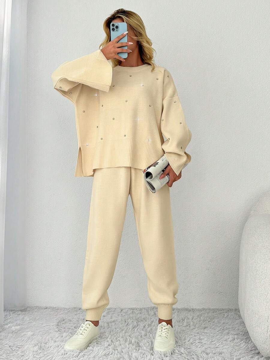 EURMUSE 水鑽細節落肩袖下擺開叉套頭毛衣和針織褲 - 米色 - 查看 1
