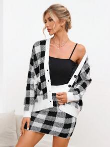 GENKIRA 1pc Plaid Pattern Drop Shoulder Cardigan & 1pc Knit Skirt - Black and White - View 6