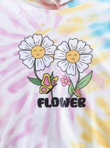 SHEIN 女小童兒童秋冬新款紮染雛菊花朵圖案圖案連帽衛衣和長褲套裝在黃色,粉色和藍色-適用於可愛,休閒,時髦戶外運動和運動,帶長袖和彈性袖口 - 黃色 - 查看 8