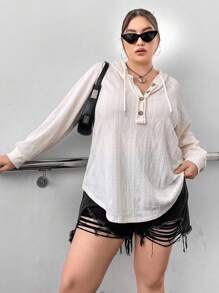 SHEIN Unity 加大码半扣插肩袖抽绳卫衣套头衫秋季卫衣 - 杏色 - 查看 5
