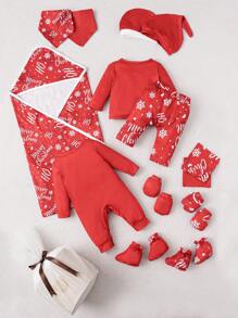 SHEIN 女婴 1 件字母图案 T 恤、2 件帽子、手套、鞋子、2 件围兜、1 条毯子、1 件连体衣和 1 条裤子 - 彩色 - 查看 2