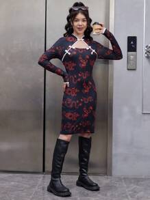 Teen Girls Chinese Dragon Print Frog Button Cut Out Front Fitted Dress - Multicolor - View 4