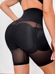 Hook And Eye Front Mesh Panel Shapewear Shorts - Black - View 2