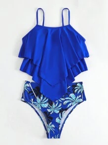 Swim Lushoire 夏日海灘熱帶印花三角褲式坦克泳衣 - 寶藍色 - 查看 5