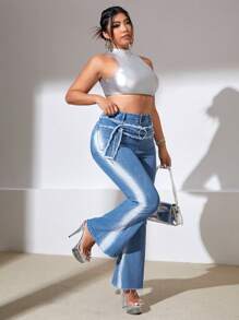 SHEIN ICON Hơn Xén Thô Quần ống loe - Màu xanh lam - Xem 2