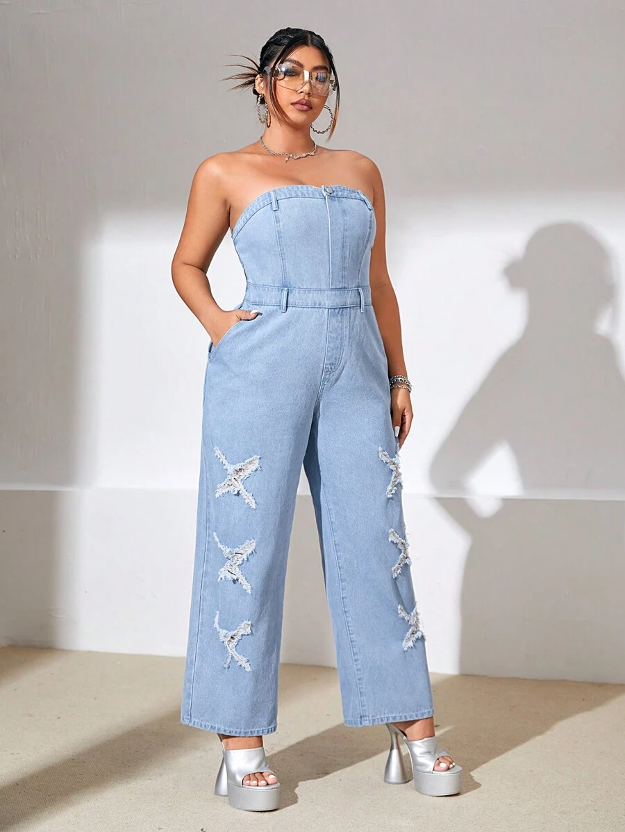 SHEIN ICON 大碼後背打褶破洞牛仔抹胸連體褲 - 藍色 - 查看 1