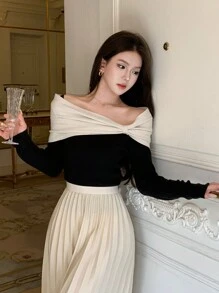 DAZY Áo len mỏng vừa vặn xoắn phía trước có bảng điều khiển tương phản, Áo trễ vai dễ thương cho mùa thu - màu đen - Xem 8