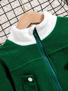 Young Boy Letter Patched Detail Drawstring Waist Flap Detail Zip Up Teddy Coat for Christmas - Green - View 5