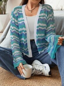 Flirla Plus Allover Chevron Pattern Scallop Trim Cardigan