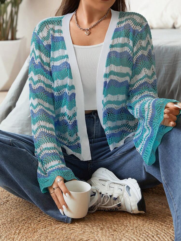 Plus Allover Chevron Pattern Scallop Trim Cardigan