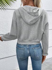 SHEIN VCAY 翻蓋口袋落肩袖拉鏈連帽衫 - 灰色 - 查看 2