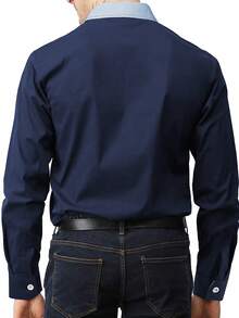 Men Contrast Trim Button Up Shirt - Navy Blue - View 2