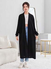 青少年女孩落肩袖開門襟外套 - 黑色 - 查看 6