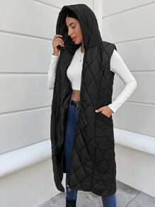 RueChic Zip Up Hooded Quilted Vest Coat - Black - View 4