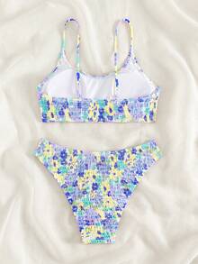 Floral Print Smocked Bikini Set - Multicolor - View 3