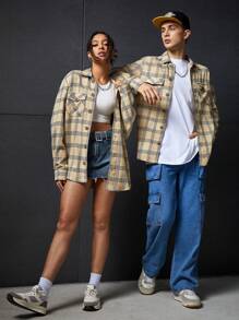 SWAVVY 1 Miếng Lỏng lẻo phù hợp In kẻ sọc Túi có nắp Thả vai Áo khoác kiểu sơ mi - Nhiều màu - Xem 1