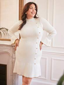 SHEIN Frenchy 大碼小高領紐扣細節荷葉袖荷葉邊毛衣洋裝 - 白色 - 查看 7