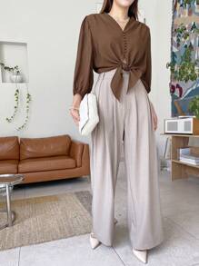 DAZY 素色前紐扣下擺打結短款襯衫